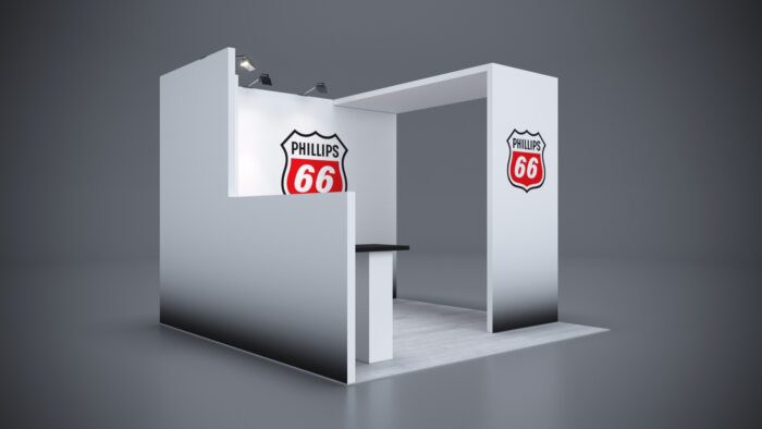 10x10 Trade Show Exhibit with built-in product display shelves.