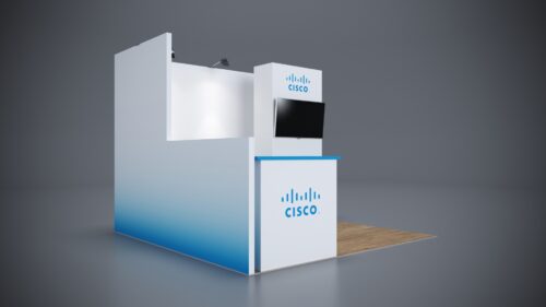 10x10 Trade Show Exhibit featuring sleek podiums and demo stations.