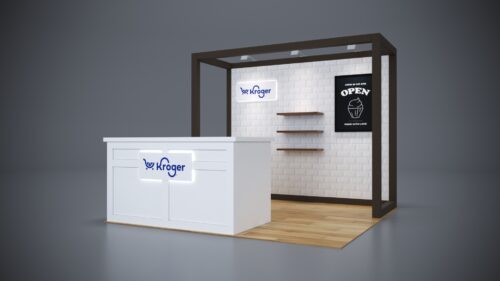 10x10 Trade Show Exhibit with stylish counters and backlit walls.