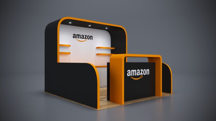 10x10 Trade Show Exhibit with interactive kiosks and digital displays.