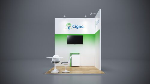 10x10 Trade Show Exhibit with multi-layered display sections.