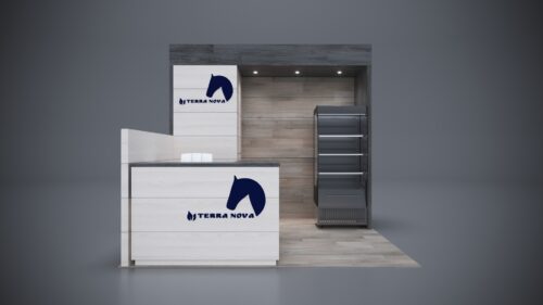 10x10 Trade Show Exhibit with overhead signage for maximum visibility.