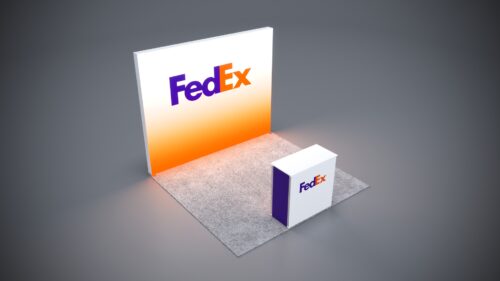 10x10 Trade Show Exhibit featuring built-in shelving and product displays.