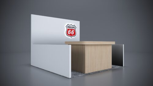 10x10 Trade Show Exhibit with hanging banners for added visibility.