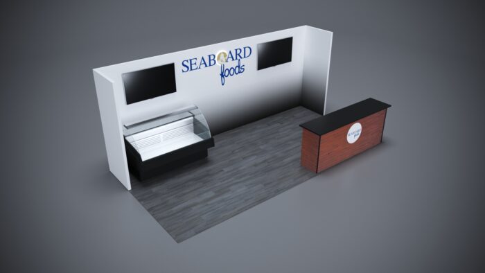 10x20 Trade Show Exhibit with interactive media screens and stations.