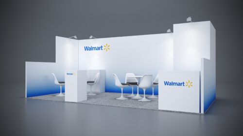 10x20 Trade Show Exhibit with built-in storage and custom shelves.