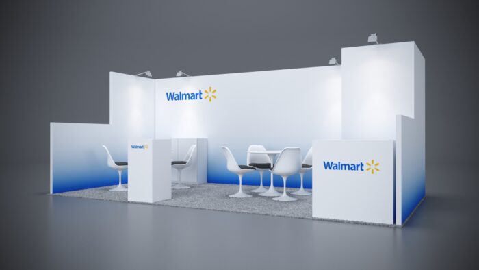 10x20 Trade Show Exhibit with built-in storage and custom shelves.