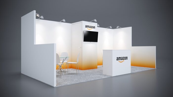 10x20 Trade Show Exhibit with interactive media screens and kiosks.