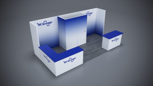 10x20 Trade Show Exhibit with interactive touchscreens and kiosks.