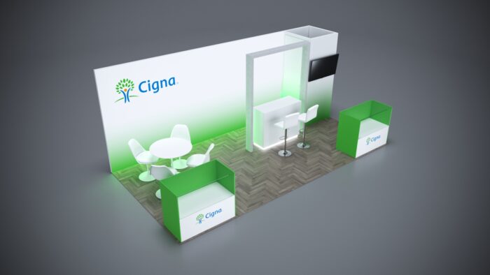 10x20 Trade Show Exhibit with hanging banners for added visibility.