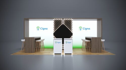 10x20 Trade Show Exhibit with custom 3D branding elements.