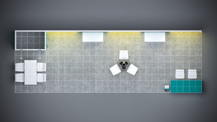 10x30 Trade Show Exhibit with a stylish reception counter and engaging visuals.