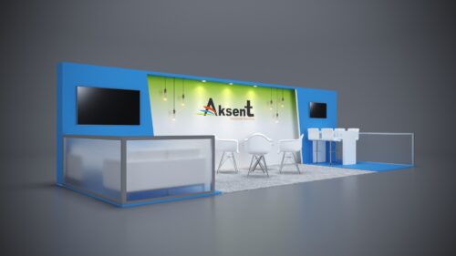 10x30 Trade Show Exhibit with interactive kiosks and branded display areas.