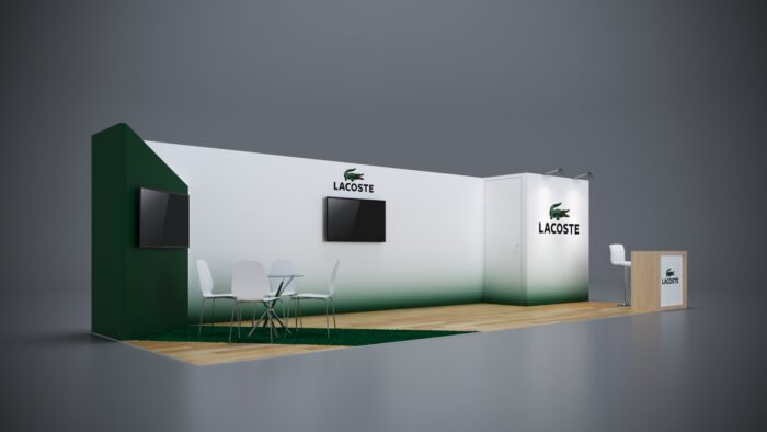 10x30 modular trade show exhibit featuring modern counters, tech integration, and flexible display options.