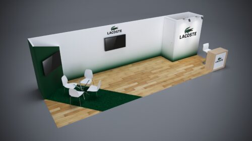 10x30 modular trade show exhibit with large product display areas, integrated tech, and sleek counters.