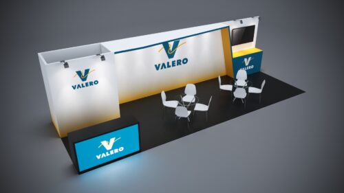 10x30 modular trade show booth with interactive presentation zones, custom counters, and lighting options.