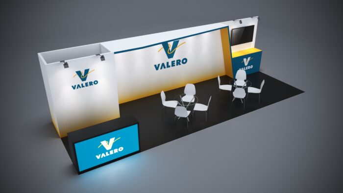 10x30 modular trade show booth with interactive presentation zones, custom counters, and lighting options.