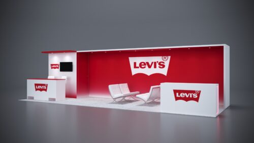 10x30 modular trade show booth with customizable features, LED lighting, and ample display areas.