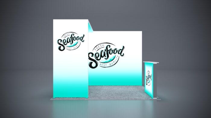 10x8 trade show exhibit with sleek design, custom graphics, and interactive display areas.