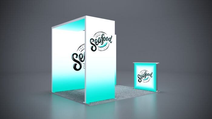 10x8 trade show exhibit with compact design, LED lighting, and high-quality product showcases.