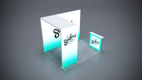 10x8 trade show exhibit with dynamic branding, product displays, and customizable features.
