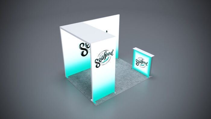 10x8 trade show exhibit with dynamic branding, product displays, and customizable features.