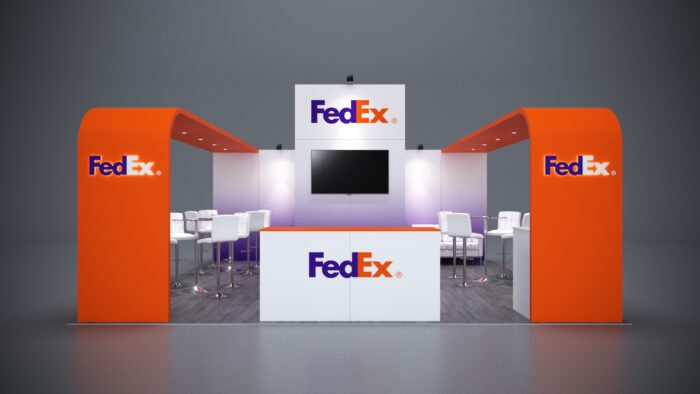 20x20 Trade Show Exhibit featuring sleek wood and metal finishes.