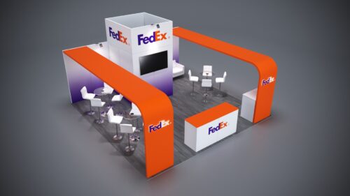 20x20 Trade Show Exhibit featuring private meeting spaces and seating.