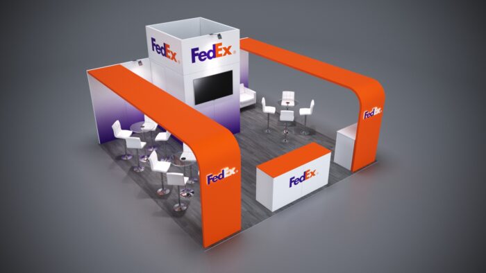 20x20 Trade Show Exhibit featuring private meeting spaces and seating.