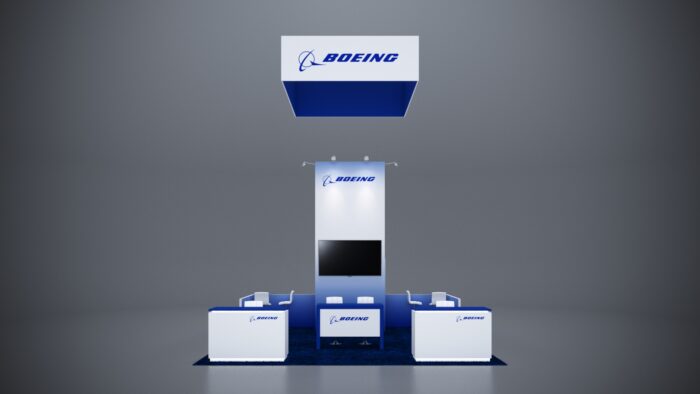 20x20 Booth Rental 10-1 20x20 Trade Show Exhibit with LED accent lighting and digital screens.