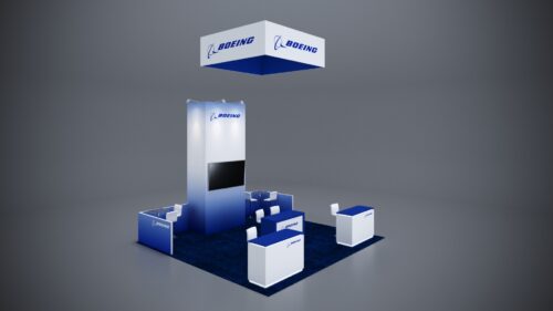 20x20 Trade Show Exhibit featuring integrated shelving and product displays.