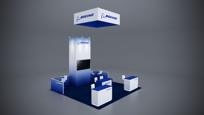 20x20 Trade Show Exhibit featuring integrated shelving and product displays.