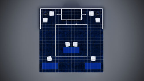 20x20 Trade Show Exhibit featuring a custom overhead hanging sign.