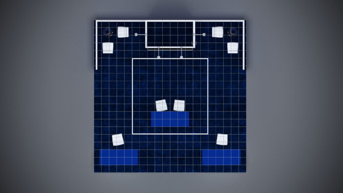 20x20 Trade Show Exhibit featuring a custom overhead hanging sign.