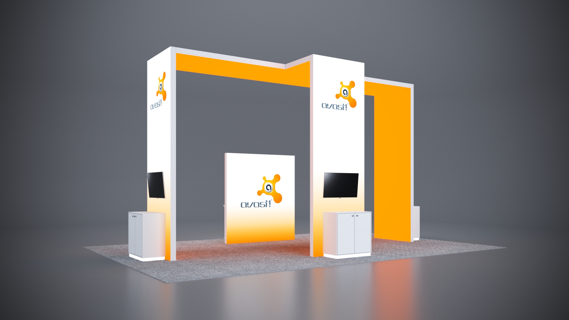 20x30 Trade Show Exhibit featuring a stunning overhead hanging sign.