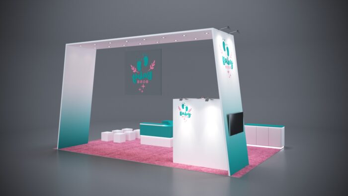 20x30 Trade Show Exhibit featuring elegant wood finishes and modern accents.