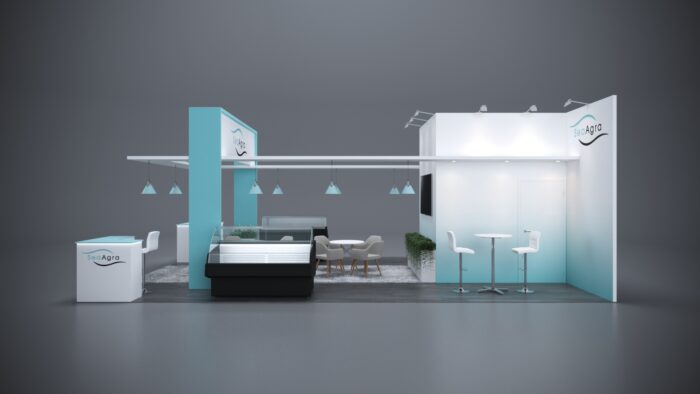 20x30 Trade Show Exhibit with sleek counters and product showcases.