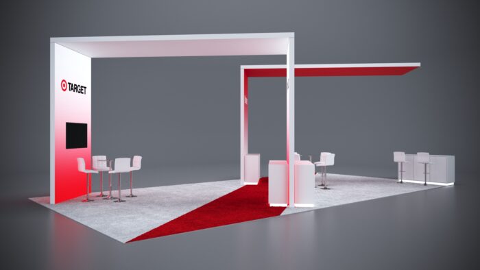 20x40 Trade Show Exhibit with high-end material finishes and unique design elements.