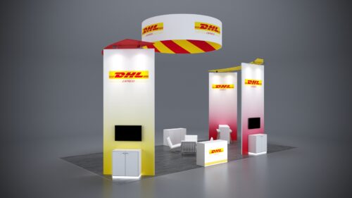 20x40 Trade Show Exhibit with interactive digital screens and kiosks.