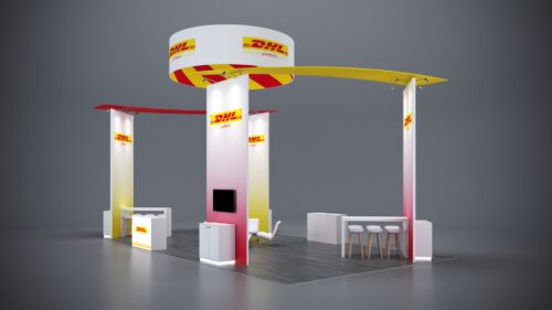 20x40 Trade Show Exhibit featuring multi-level branding and product areas.