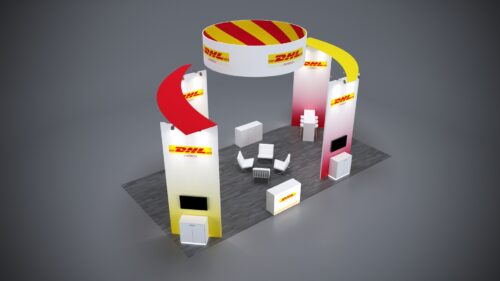 20x40 Trade Show Exhibit featuring high-visibility overhead signage.