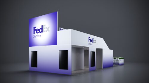 20x50 Trade Show Exhibit featuring large digital screens and interactive stations.