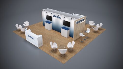 30x30 Trade Show Exhibit featuring multiple interactive stations and signage.