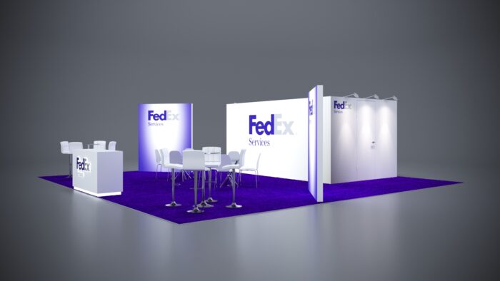 30x30 custom build exhibit featuring dynamic branding, product showcases, and tech integration.