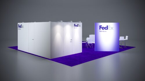 30x30 custom trade show booth with flexible layout, sleek counters, and large-scale graphics.