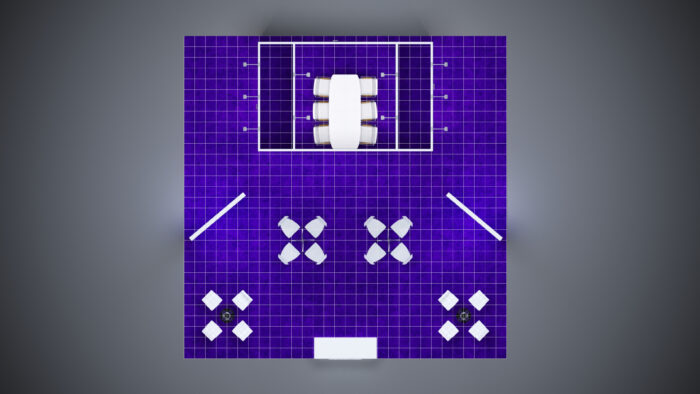 30x30 custom build trade show booth with modern design, interactive features, and spacious product displays.