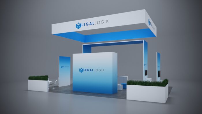 30x40 modular trade show booth with interactive touchscreens, dynamic lighting, and product displays.