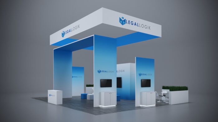 30x40 modular trade show exhibit with large-scale branding, customizable storage, and tech integration.