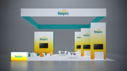 30x40 modular trade show booth with flexible configuration, LED lighting, and modern product displays.