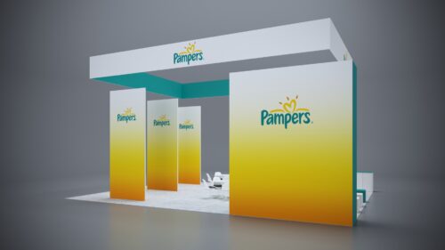 30x40 modular trade show exhibit with customizable walls, product demo areas, and sleek counters.